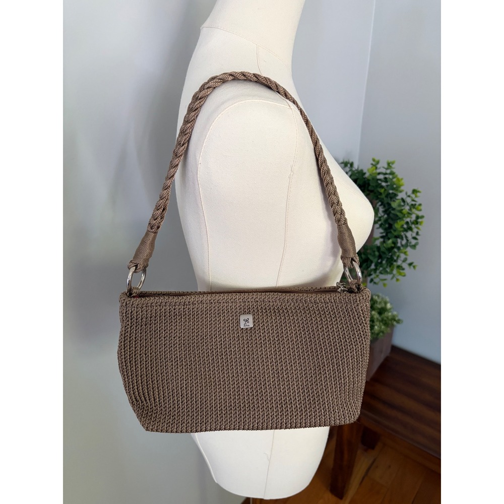 Lina Womens Purse Handbag Woven Crochet Shoulder Bag Taupe Zip Top